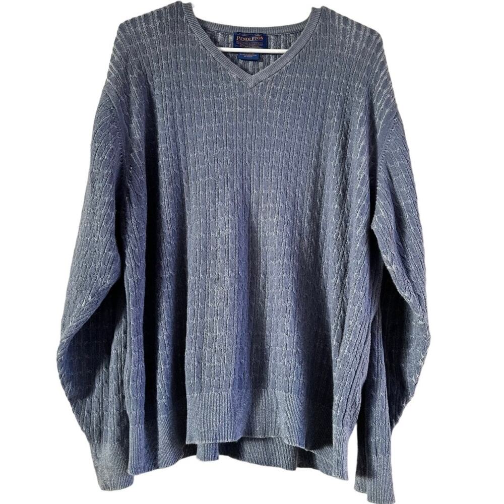 Vintage Pendleton Cable Knit Sweater 80s Pullover V Neck Rib 100% Cotton Blue M